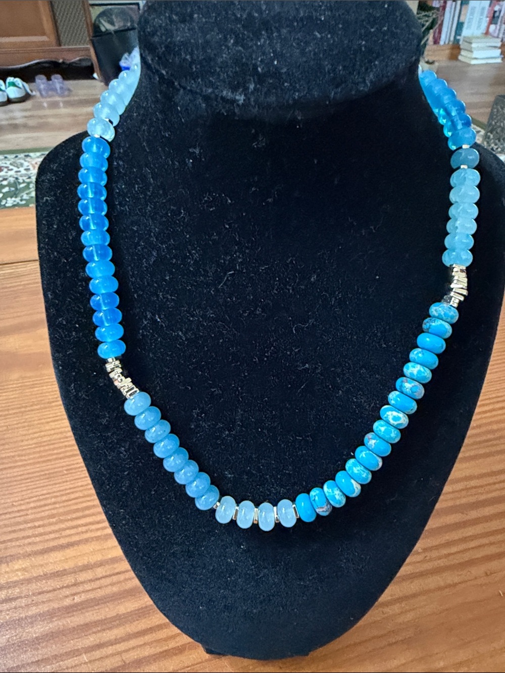 Shades of Blue Jadeite/Glass/Goldtone Necklace
